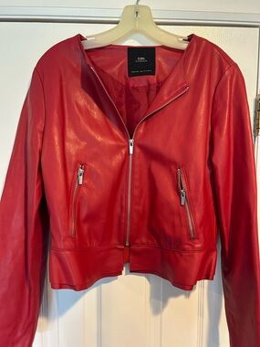 Zara Red Faux Leather Zip-Front Moto Jacket